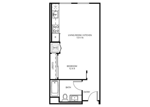 Studio B2 - 0 Bedroom 1 Bath Floor Plan Layout - 509 Square Feet