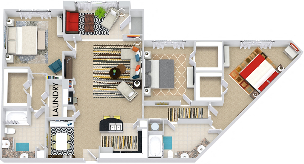 The Amsterdam with Sunroom 3D. 3 bedroom apartment. Kitchen with bartop open to living/dining rooms. 2 full bathrooms, double vanities. Walk-in closets. Sunroom.