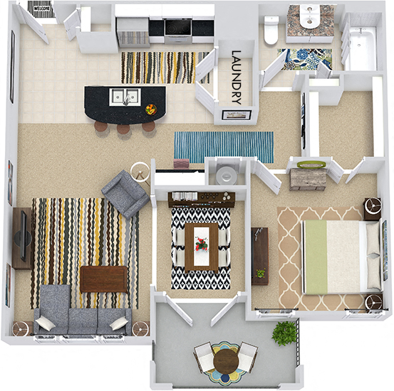 The Budapest 3D. 1 bedroom apartment. Kitchen with island open to living/dining rooms. 1 full bathroom. Walk-in closet. Patio/balcony.