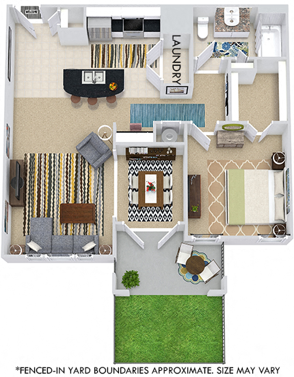 The Budapest with Fenced-in Yard 3D. 1 bedroom apartment. Kitchen with island open to living/dining rooms. 1 full bathroom. Walk-in closet. Patio/balcony open to yard.