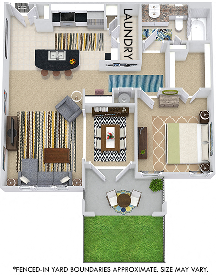 Paris with Fenced-in Yard 3D. 1 bedroom apartment. Kitchen with island open to living/dining rooms. 1 full bathroom. Walk-in closet. Patio/balcony open to yard.