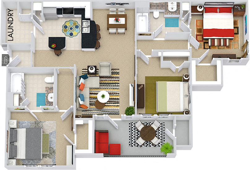 The Prague 3D. 3 bedroom apartment. Kitchen with bartop open to living/dining rooms. 2 full bathrooms. Walk-in closets. Patio/balcony.