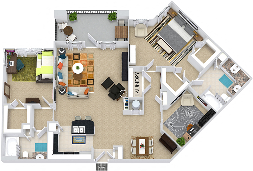 The Seoul 3D. 2 bedroom apartment. Kitchen with bartop open to living/dining rooms. Study room. 2 full bathrooms, double vanity in master. Walk-in closets. Patio/balcony.