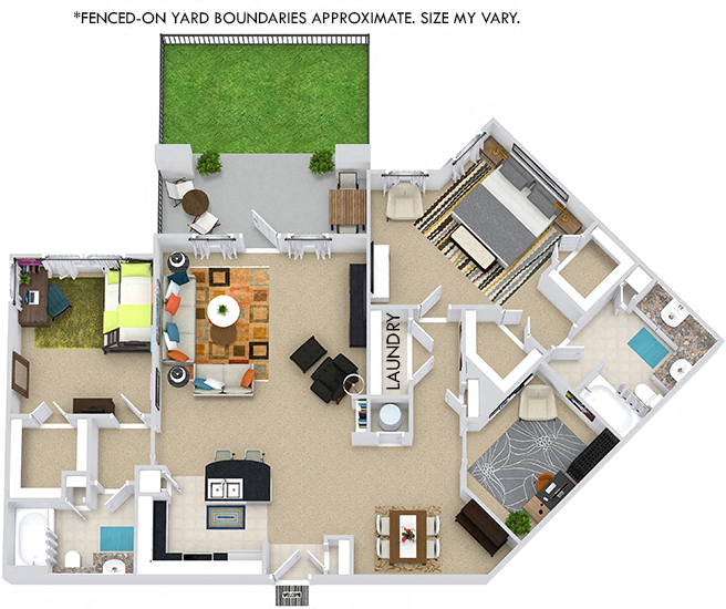 The Seoul + Fenced-in Yard 3D. 2 bedroom apartment. Kitchen with bartop open to living/dining rooms. Study room. 2 full bathrooms, double vanity in master. Walk-in closets. Patio/balcony open to yard