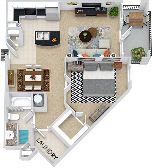 The Sydney 3D. 1 bedroom apartment. Kitchen with island open to living/dining rooms. 1 full bathroom. Walk-in closet. Patio/balcony.