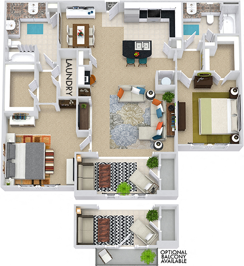 The Vancouver + Sunroom 3D. 2 bedroom apartment. Kitchen with bartop open to living/dining rooms. 2 full bathrooms, double vanity in master. Walk-in closets. Sunroom.