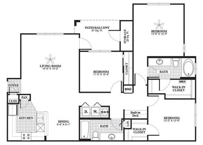three bedroom floor plan image at lakeland estates