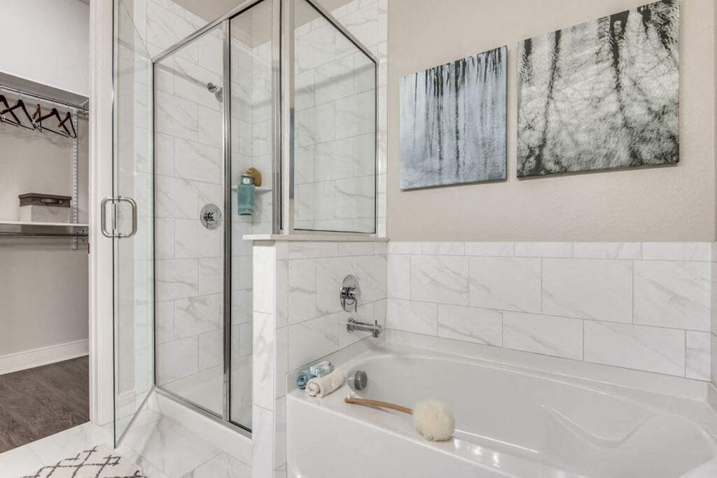 walk in shower at Inwood Apartments in Dallas, TX