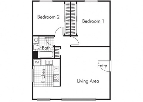 Two bedroom one bathroom B1 floorplan at Walden Glen Apartments in Buena Park, CA