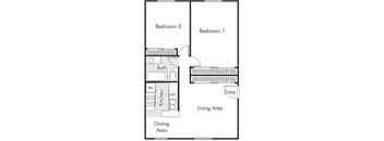 Two bedroom one bathroom B2 floorplan at Walden Glen Apartments in Buena Park, CA