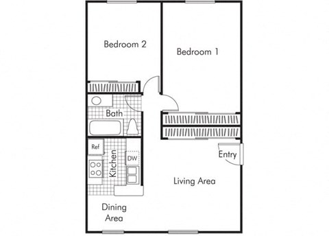 Two bedroom one bathroom B2 floorplan at Walden Glen Apartments in Buena Park, CA