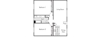 Two bedroom one bathroom B3 floorplan at Walden Glen Apartments in Buena Park, CA