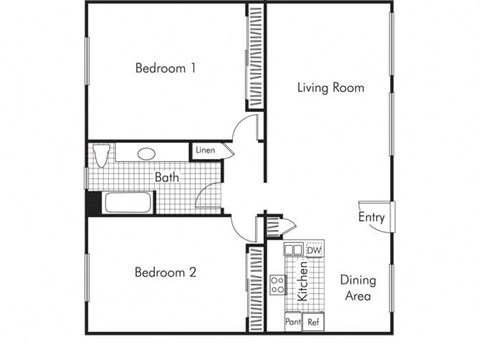 Two bedroom one bathroom B3 floorplan at Walden Glen Apartments in Buena Park, CA