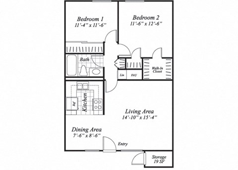 Two bedroom one bathroom B1 floorplan at The Stratton Apartments in San Diego, CA