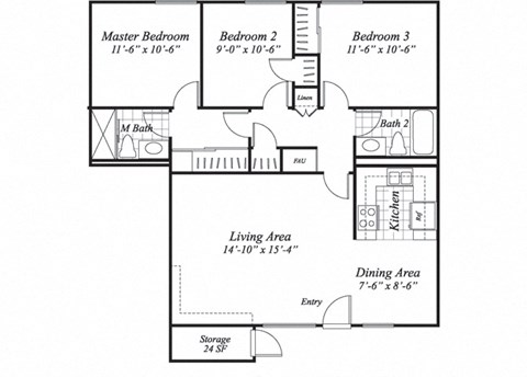 Three bedroom two bathroom C1 floorplan at The Stratton Apartments in San Diego, CA