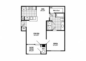 One bedroom one bathroom A1 Floorplan at River Pointe at Den Rock Apartments in Lawrence, MA