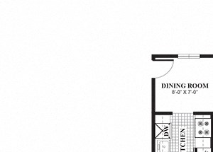 Two bedroom one bathroom Thayer B floorplan at University Heights Apartments in Providence, RI