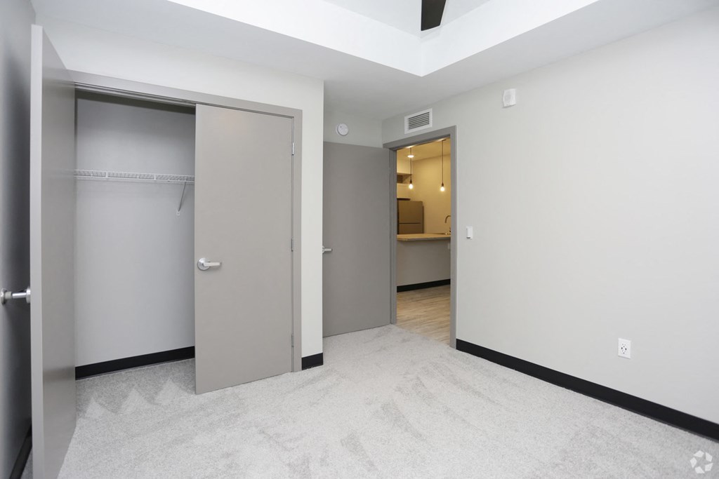 a bedroom with two closets and a door to a bathroom