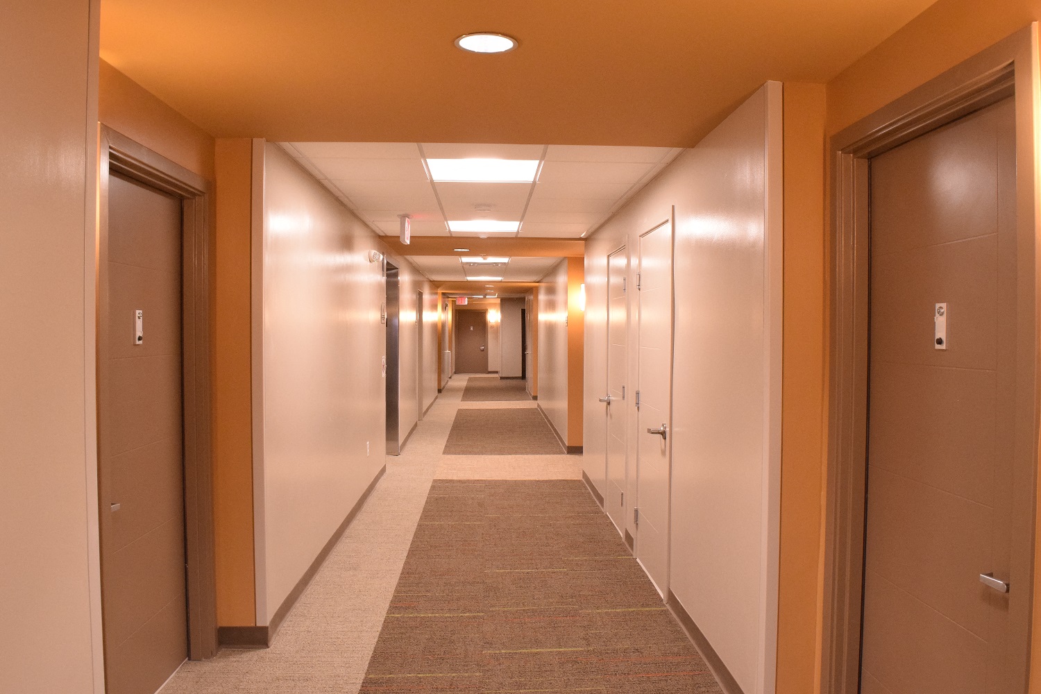 a long hallway with doors and a carpeted floor