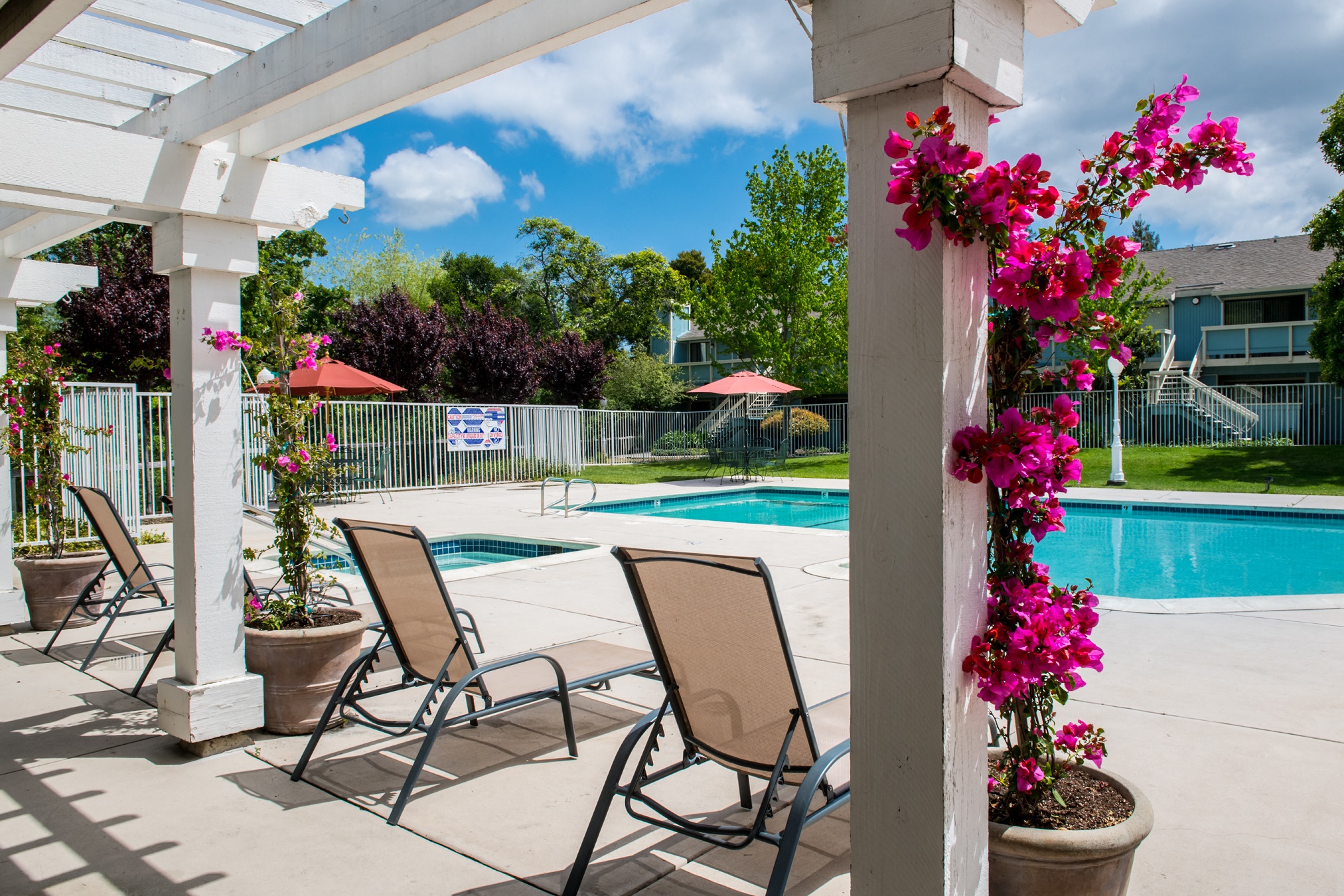 a swimming pool with chairs and a patio with flowers