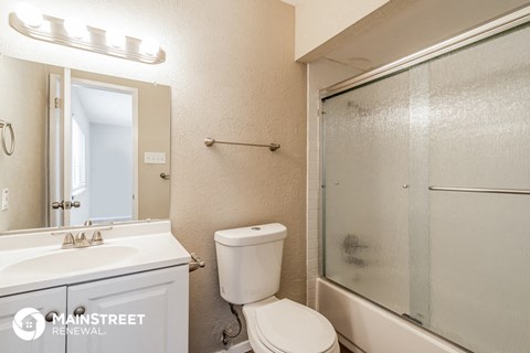 a bathroom with a shower toilet and sink and a mirror