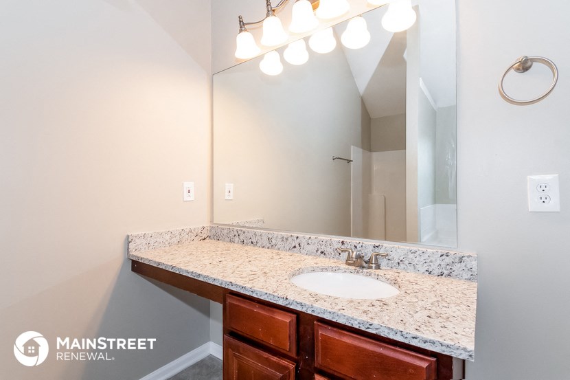 a bathroom with a sink and a large mirror