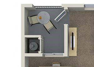 1 bedroom 1 bathroom A1 floorplan at Valentia Apartments in La Habra, CA