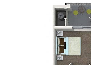 1 bedroom 1 bathroom A2.1 floorplan at Valentia Apartments in La Habra, CA