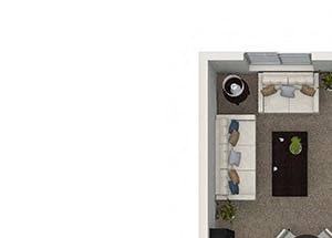 1 bedroom 1 bathroom A2 floorplan at Valentia Apartments in La Habra, CA