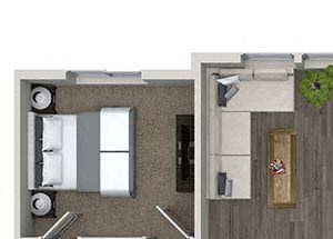 2 bedroom 2 bathroom B5.1 floorplan at Valentia Apartments in La Habra, CA