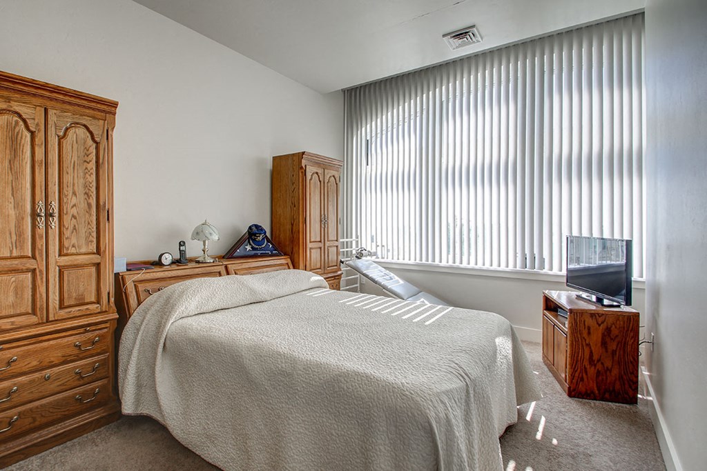 a bedroom with a bed and a dresser and a tv