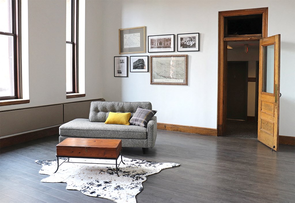 a living room with a couch and a coffee table