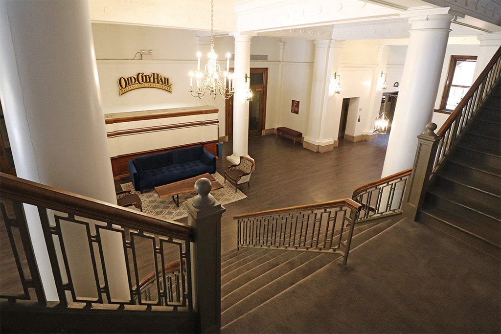 a view of the lobby from the second floor of the guaranty bank building