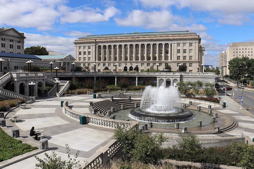 the fountain in front of the building