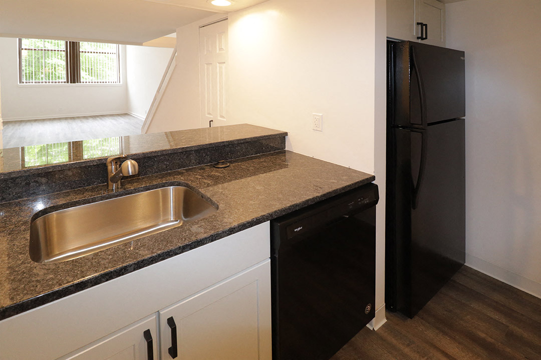 a kitchen with a stainless steel sink and a black refrigerator