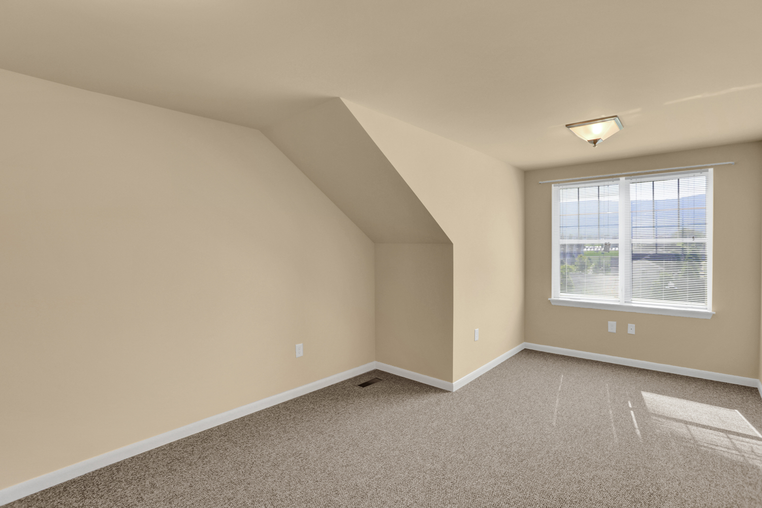 an empty bedroom with a window and carpeting