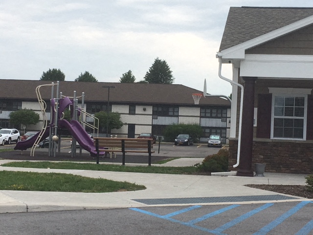 a playground in front of a building with a purple slide