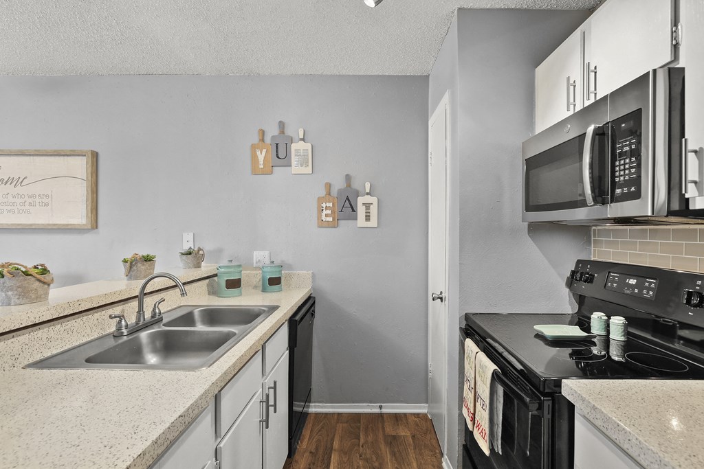 the preserve at ballantyne commons apartment kitchen with stove sink and microwave