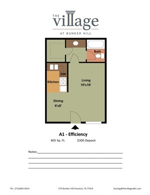 A1 Efficiency Floor Plan for The Village at Bunker Hill Apartments in Houston, Texas