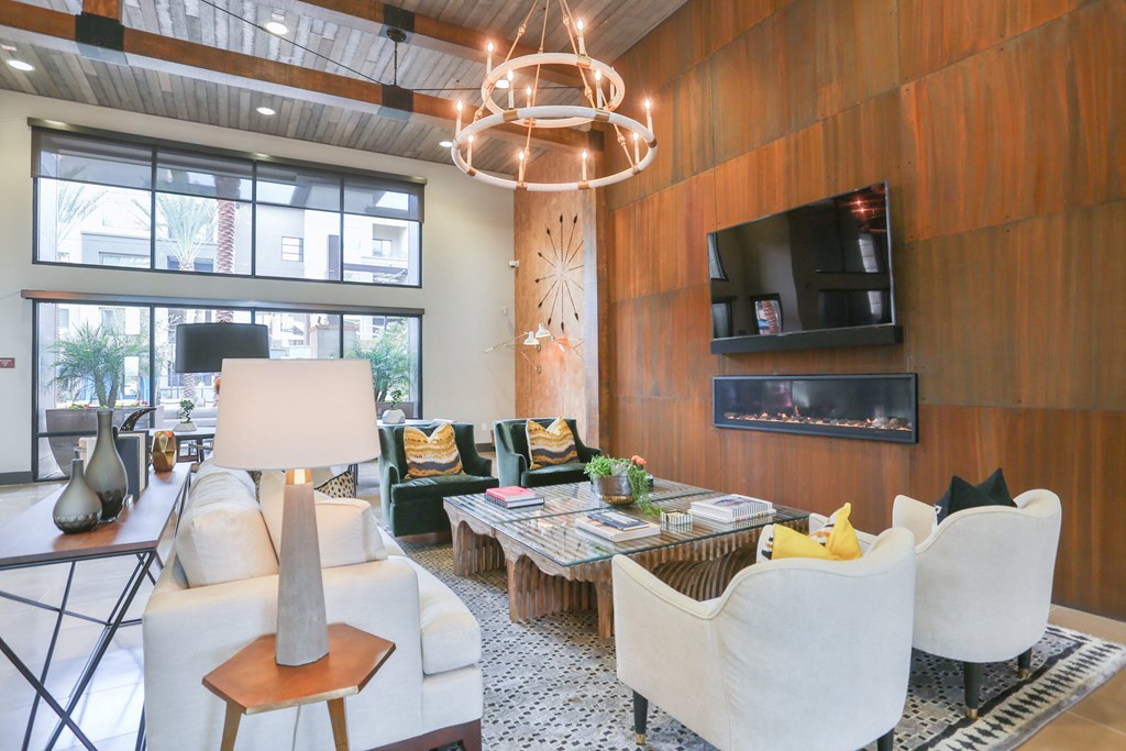 Clubhouse with TV, Fireplace, and Kitchen at Fashion Center, Chandler, AZ