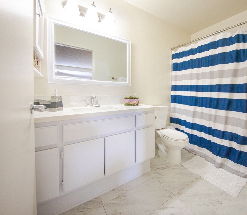a bathroom with a blue and white shower curtain and a toilet