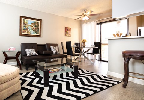 a living room with a black and white rug and a couch
