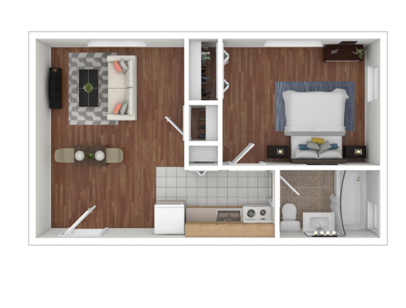 a stylized floor plan with a bedroom and a bathroom