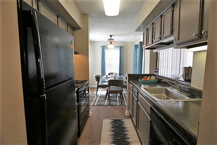 a kitchen with a black refrigerator and a sink