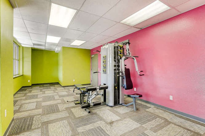 a gym with pink and green walls and a fire hydrant
