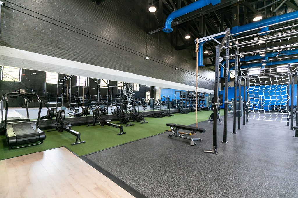 a gym with weights and cardio equipment on a green floor