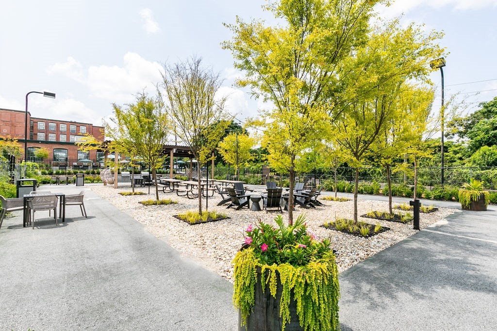 a park with tables and benches and trees