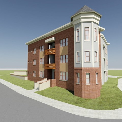 A 3D rendered image of a two-story apartment building with a balcony on the second floor.