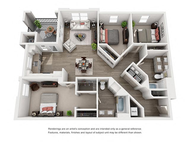 3 bed 2 bath floor plan at Montecito Apartments at Carlsbad, Carlsbad, 92010