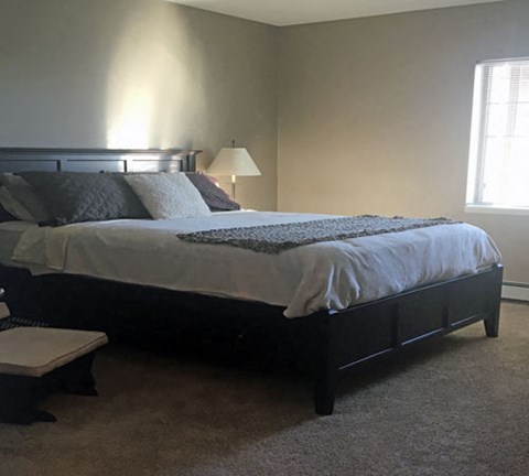 a bedroom with a bed and a window